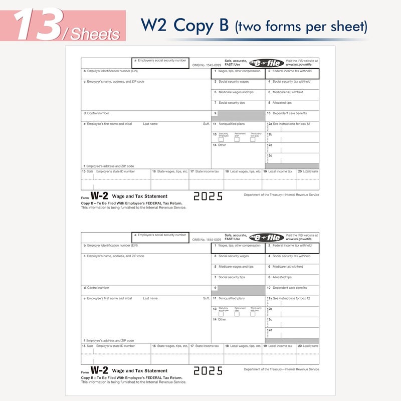 Rsgift W2 Forms 2025 with Envelopes,6 Part W-2 Tax Forms 2025, 6-Part W-2 Forms with 25 Self-Seal Envelopes, Laser Forms Designed for Accounting(W2 6 Part 25 with Envelopes) - Image 3